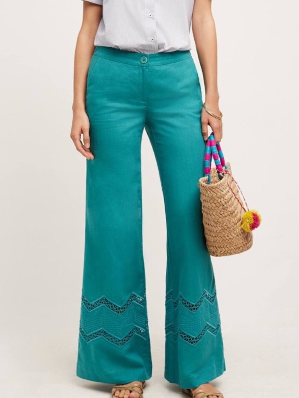 Anthropologie Elevenses Teal Linen Wide-Leg Pants